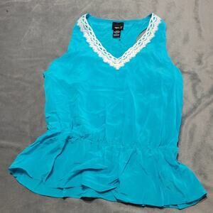 Aryn K Shirt Womens Size Large White Silk Lace V Neck Sleeveless Blue Blouse Top